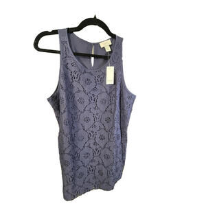 NWT LOFT Blue Tank Blouse Top Floral Lace Overlay Sleeveless Keyhole Back Sz M